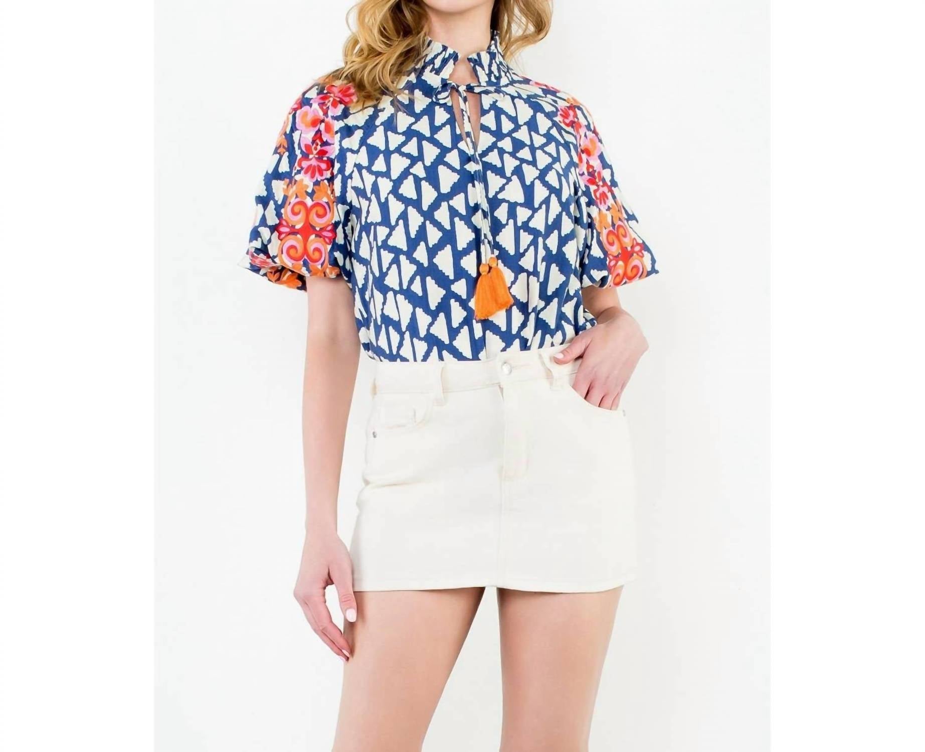 Thml - Embridered Puff Sleeve Print Top