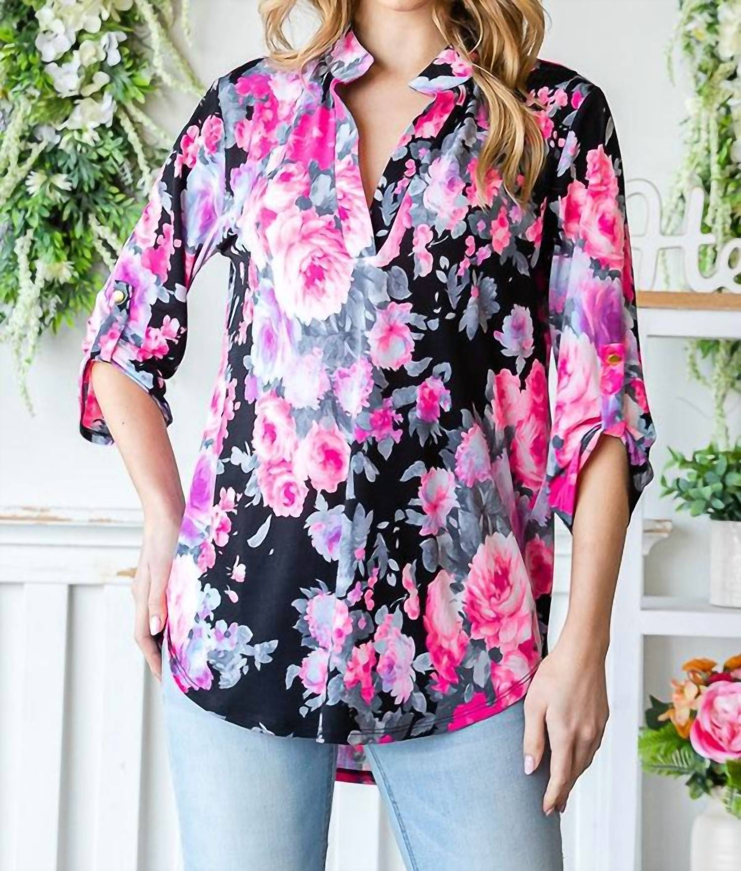 Heimish Usa - Mandarin Collar Floral Top