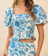 TCEC Floral Print Smocked Bodice Puff Sleeves Crop Top in blue - women's shirt - detail view