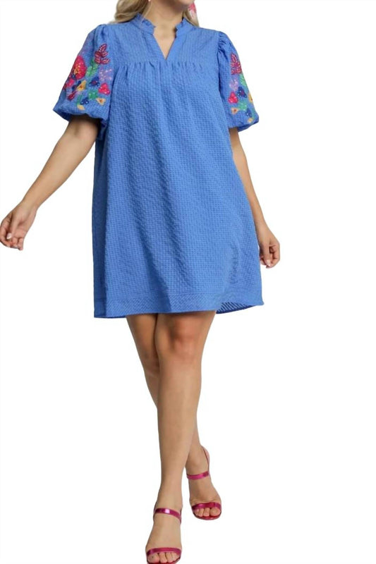 Umgee - Embroidered Sleeve Seersucker Short Dress