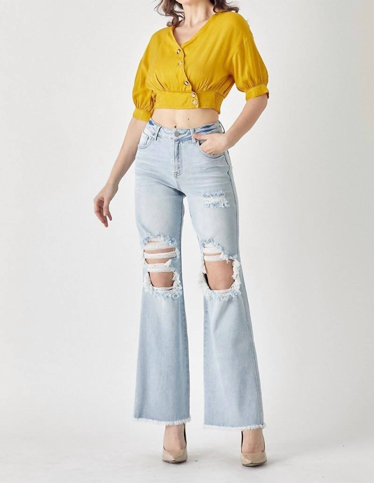 RISEN High Rise Distressed Wide Leg Dad Jeans in light - women's jeans
