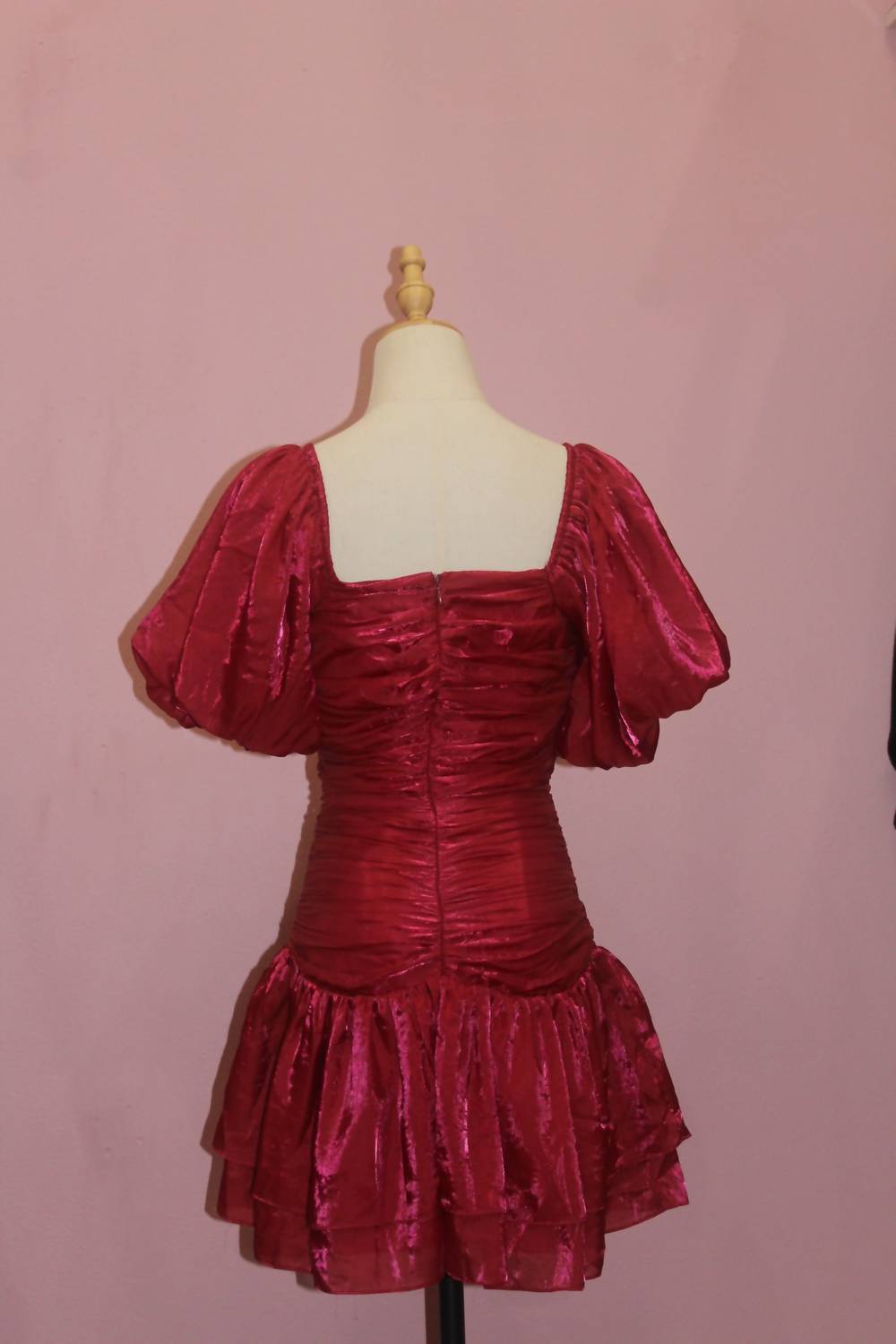 STORIA Women's Metallic Sheen Ruched Mini Dress in berry - women's dress - detail view