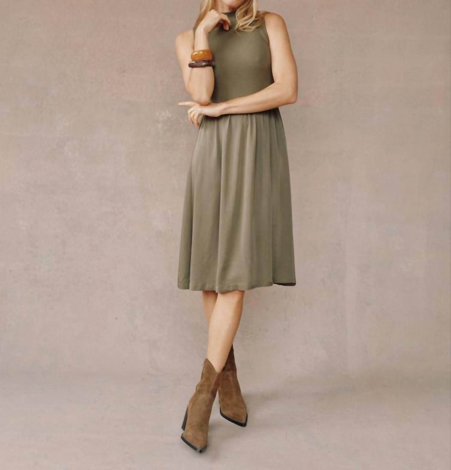 Bella Dahl Sleeveless Mock Neck Mixed Dress in ivy green - women's dress
