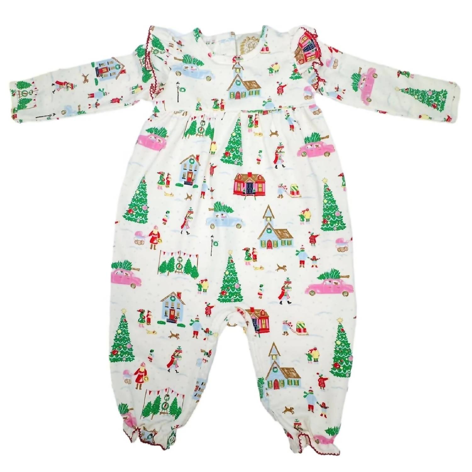 The Beaufort Bonnet Company Girl's Leigh Anne Angel Sleeve Romper in make the season bright - kids' item - detail view
