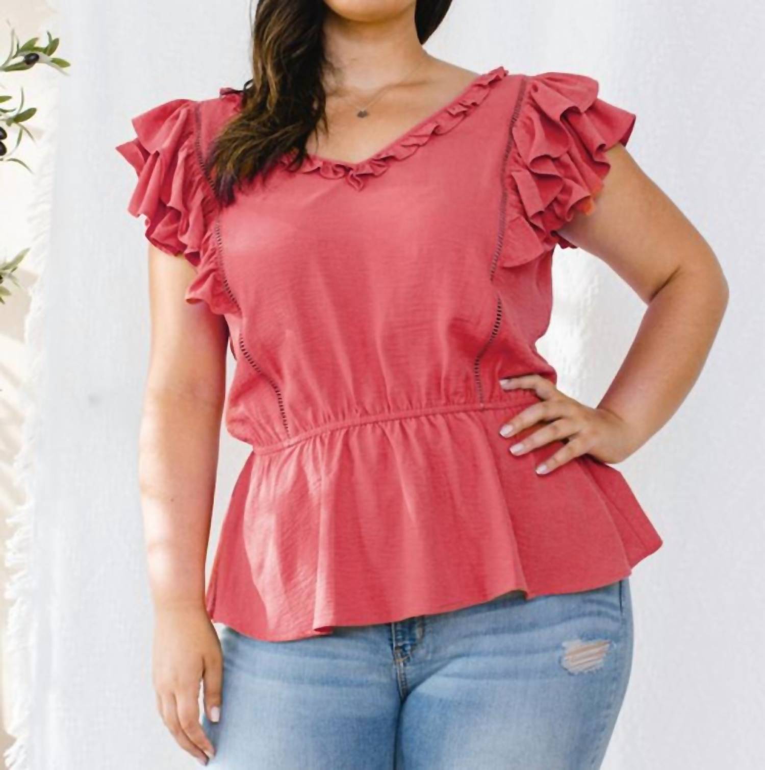 Hayden La - Ruffle Sleeveless V-neckline Woven Top - Plus