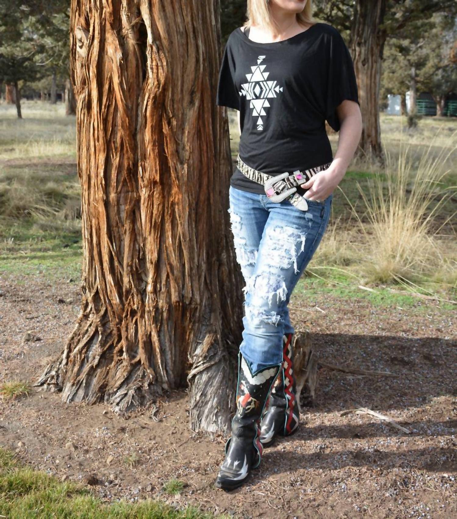 Cowgirl Justice Aztec Dolman Tee in black - women's t-shirt