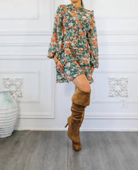 Surelymine - Bubble Sleeves Floral Cutout Laced Mini Dress