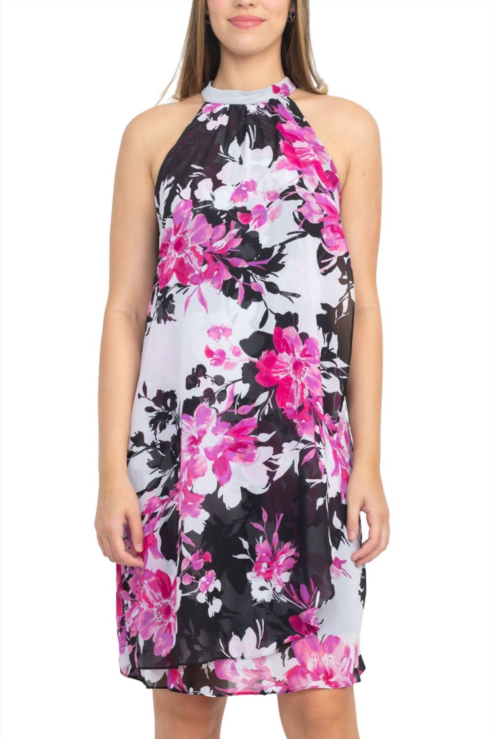 S.L. Fashions - Halter Neck Floral Print Overlay Chiffon Dress