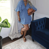 Veveret - Denim V-Neck Puff Sleeve Dress