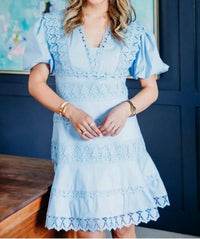 Karlie - Solid Lace Trim V Neck Dress