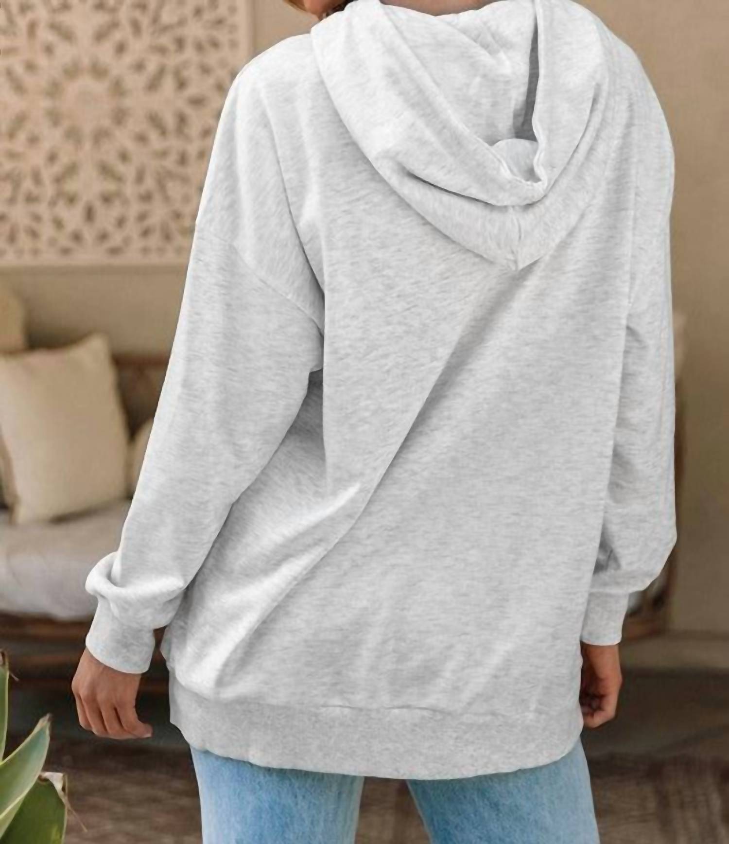 Shewin Double Flap Pocket Drawstring Hoodie in apricot - women's top - detail view