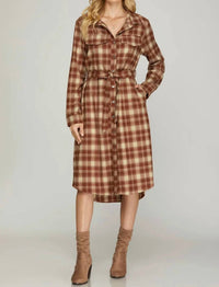 SHE + SKY Long Sleeve Midi Shirt Dress in chestnut plaid - women's dress