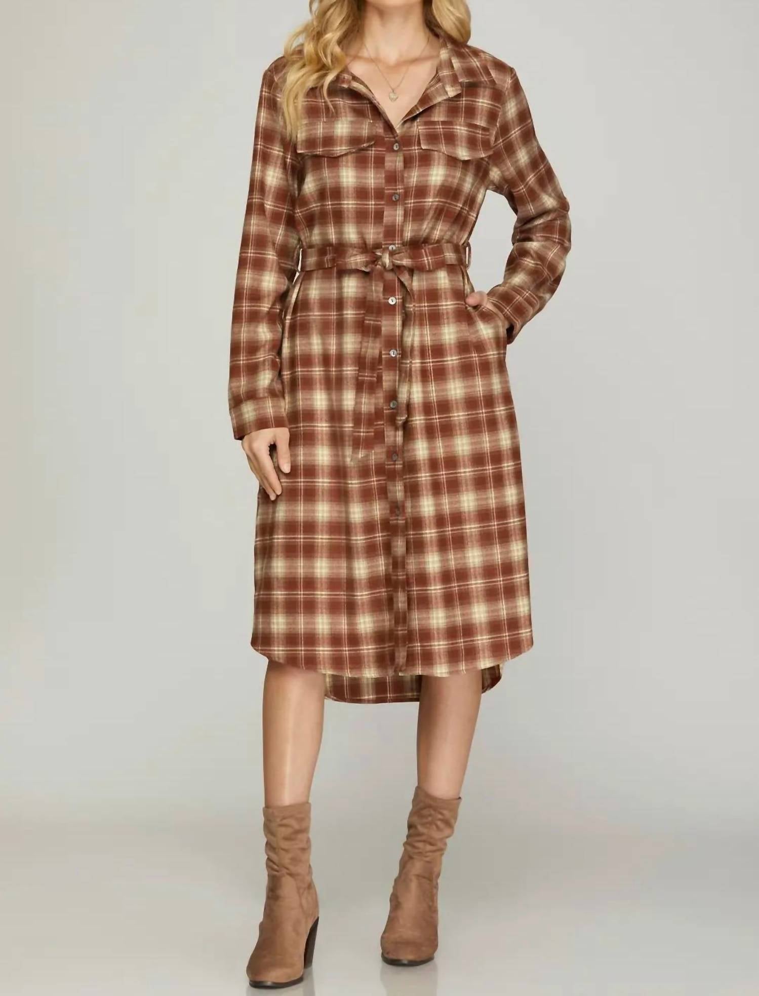 SHE + SKY Long Sleeve Midi Shirt Dress in chestnut plaid - women's dress