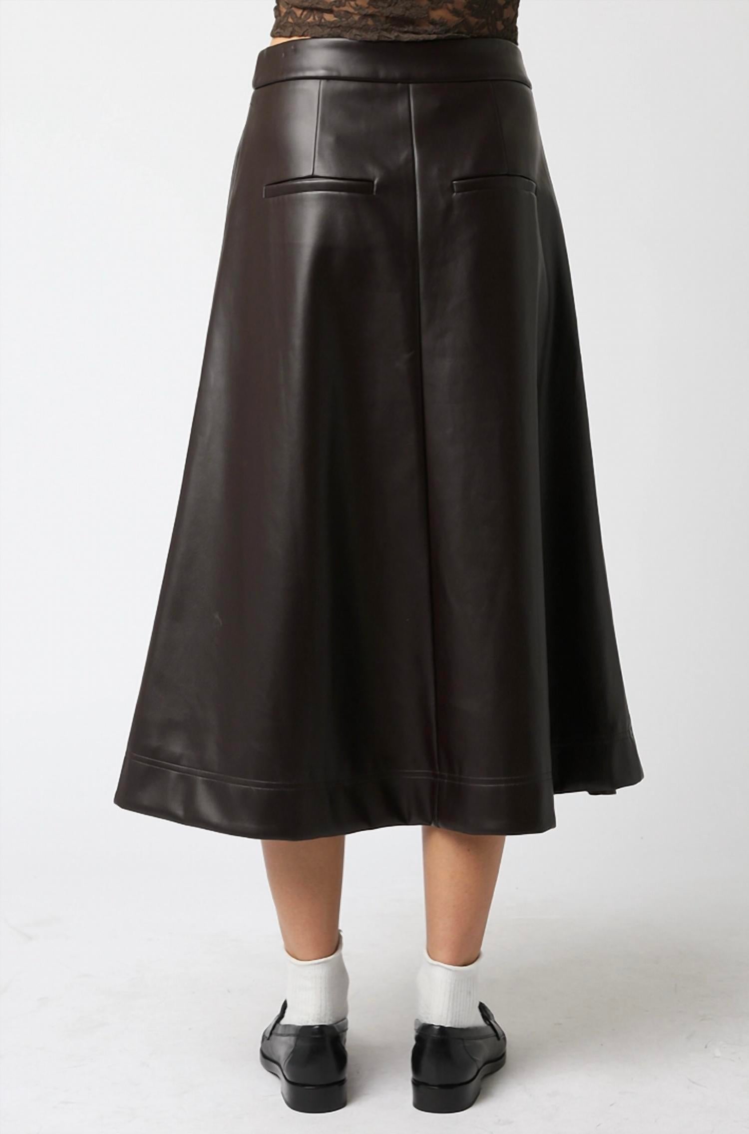 OLIVACEOUS Vegan Leather Midi Skirt in chocolate - women's skirt - alternate view