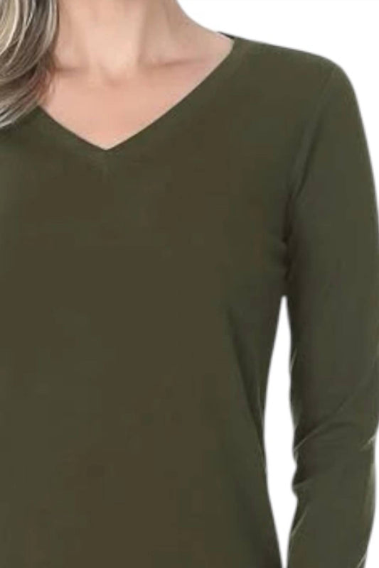 Zenana - Cotton V-neck Long Sleeve