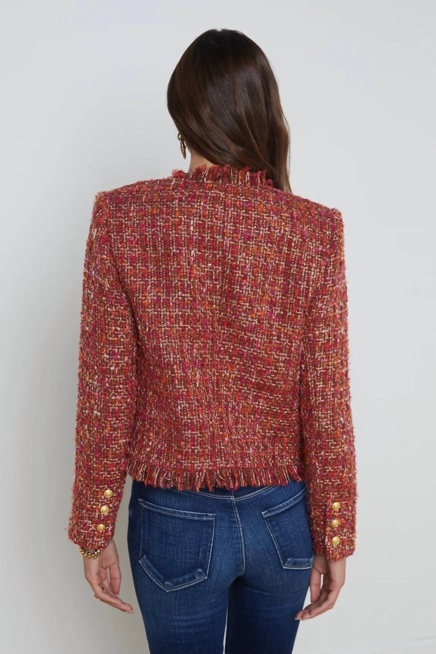 L'Agence Angelina Open-front Blazer in orange pink tweed - women's jacket - alternate view