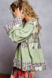 POL Relaxed Fit Print Plaid Full Sleeve Top in mint green - women's blouse - detail view