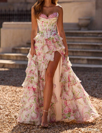 Sherri Hill - Corset Top Ruffle Skirt Floral Dress
