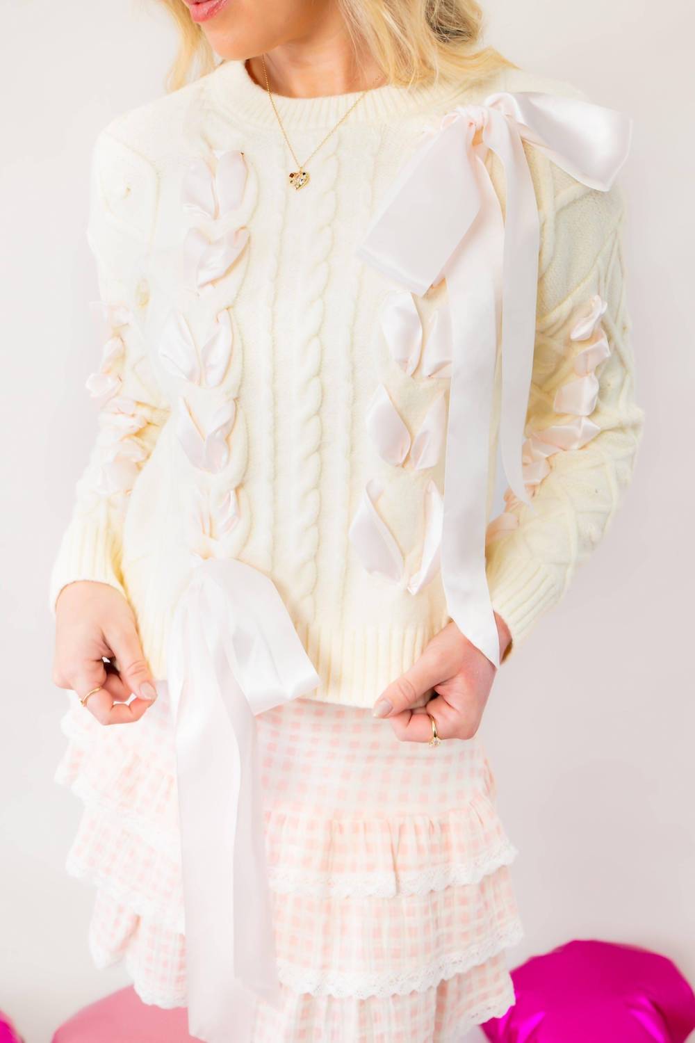 Dipped Shop - Khloe Chunky Cable Knit Ribbon Detail Sweater