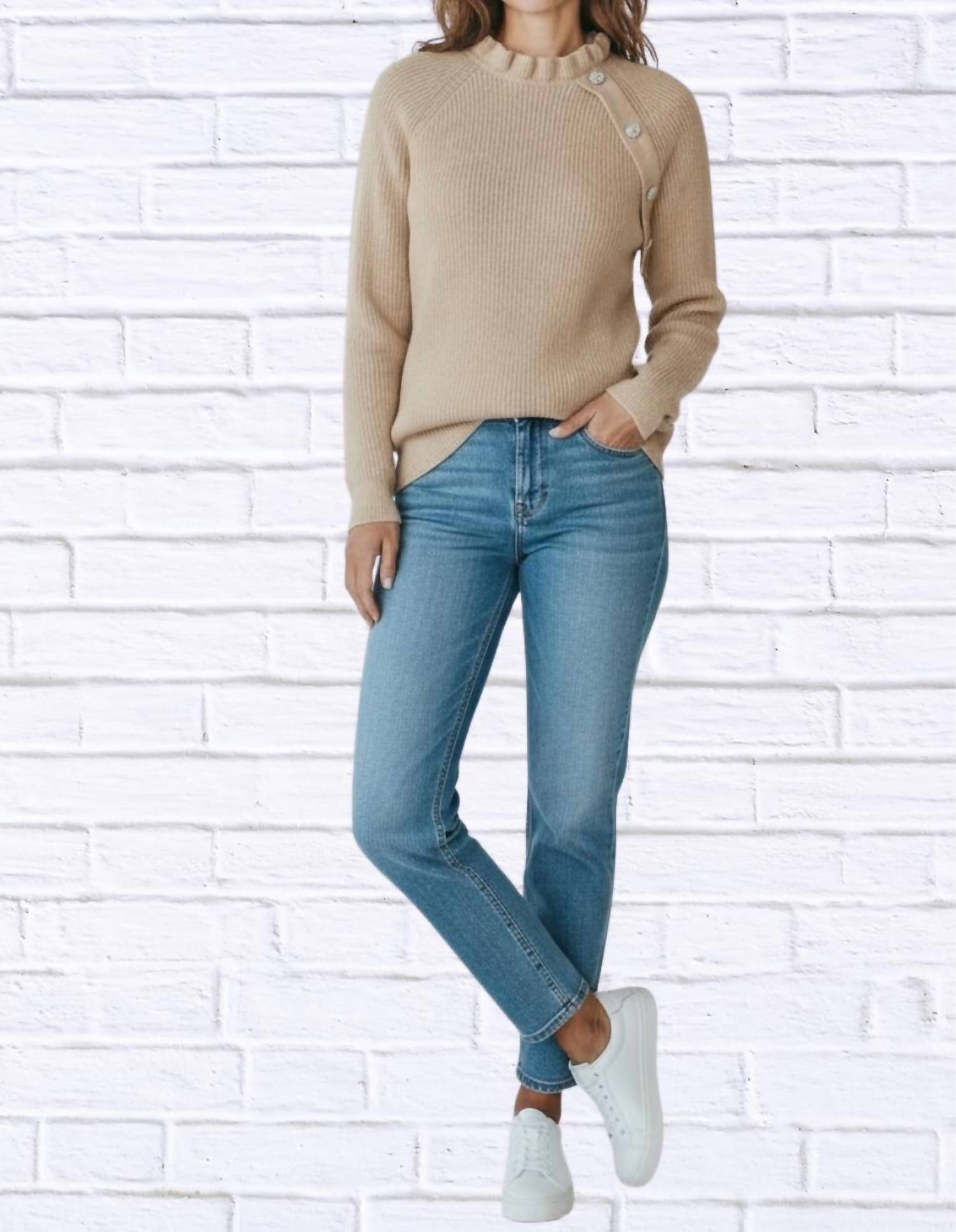 Diva USA Solid Loose Knit Button Sweater in beige - women's sweater - alternate view