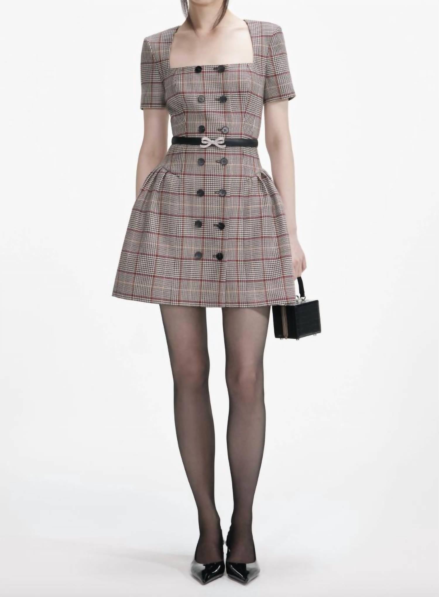 self-portrait Check Wool Mini Dress in red black - women's dress