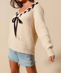 So Me - Braided Ribbon V-neck Sweater Top