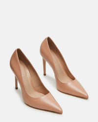 STEVE MADDEN Women's Noir Genuine Leather Hi Heel Point Toe Pumps in tan leather - women's shoe - detail view