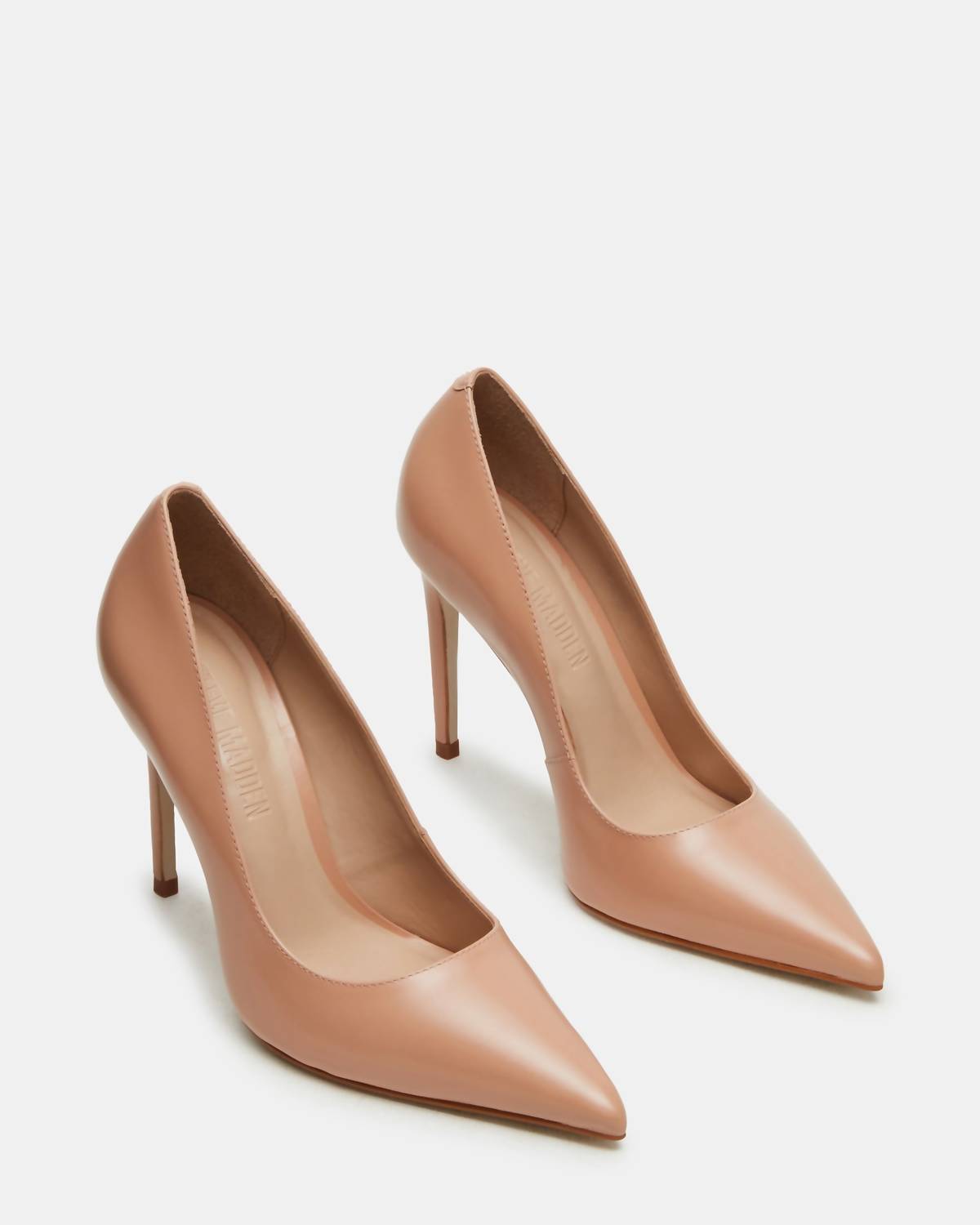 STEVE MADDEN Women's Noir Genuine Leather Hi Heel Point Toe Pumps in tan leather - women's shoe - detail view