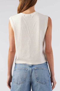AMO Women's Sleeveless Babe Top in striped sandstone - women's shirt - detail view
