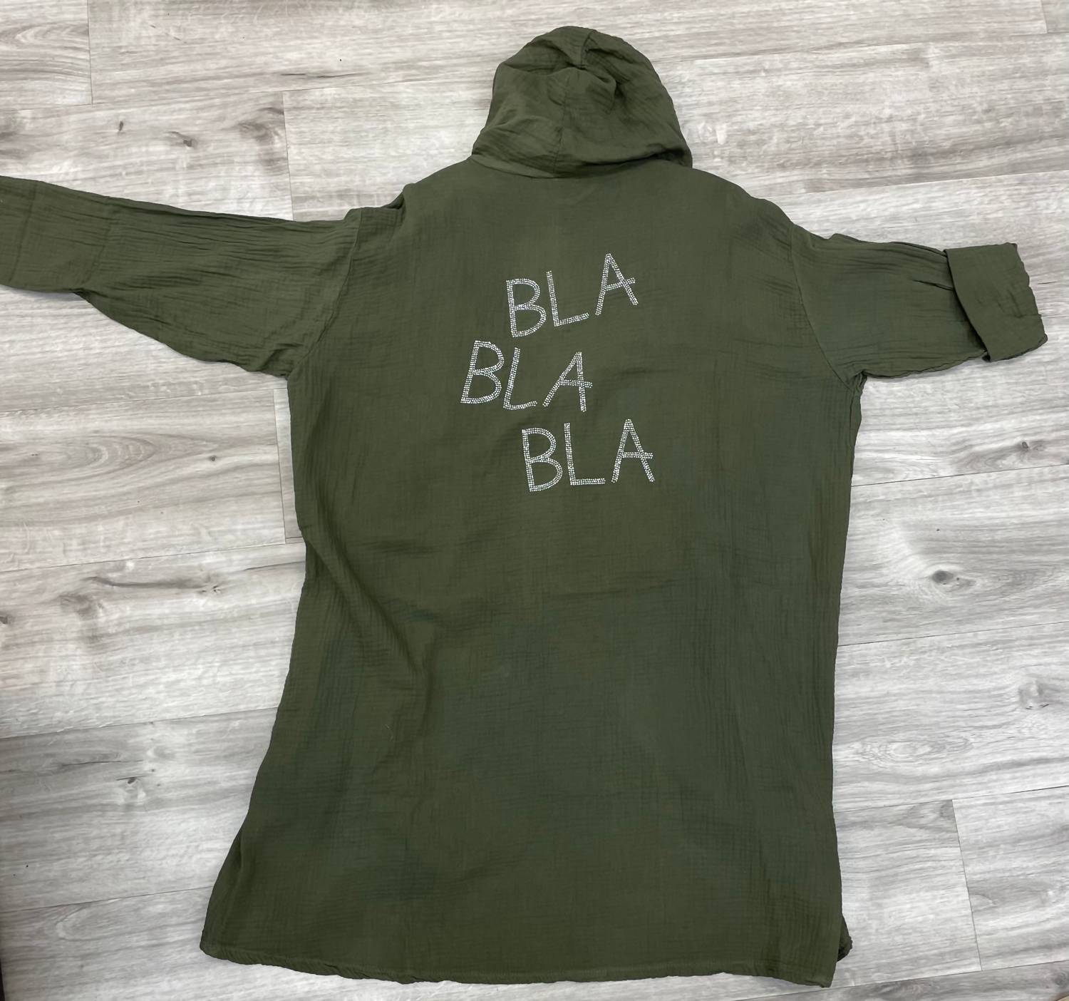 Yolly Unisex Hooded Open Cardigan Top in olive - women's sweater - detail view