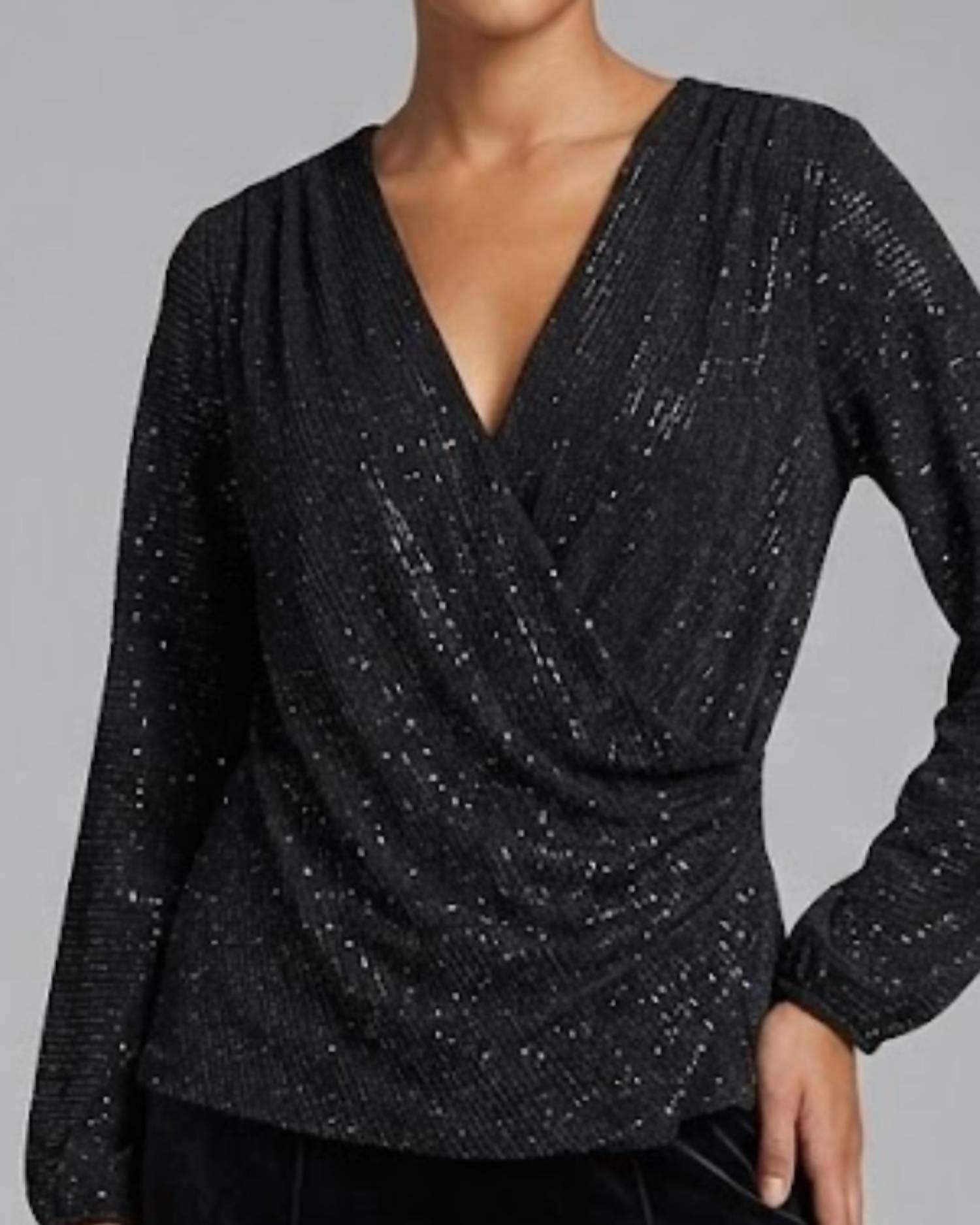 LAST TANGO Sparkle Cross Front Top in black - women's long sleeve top - detail view