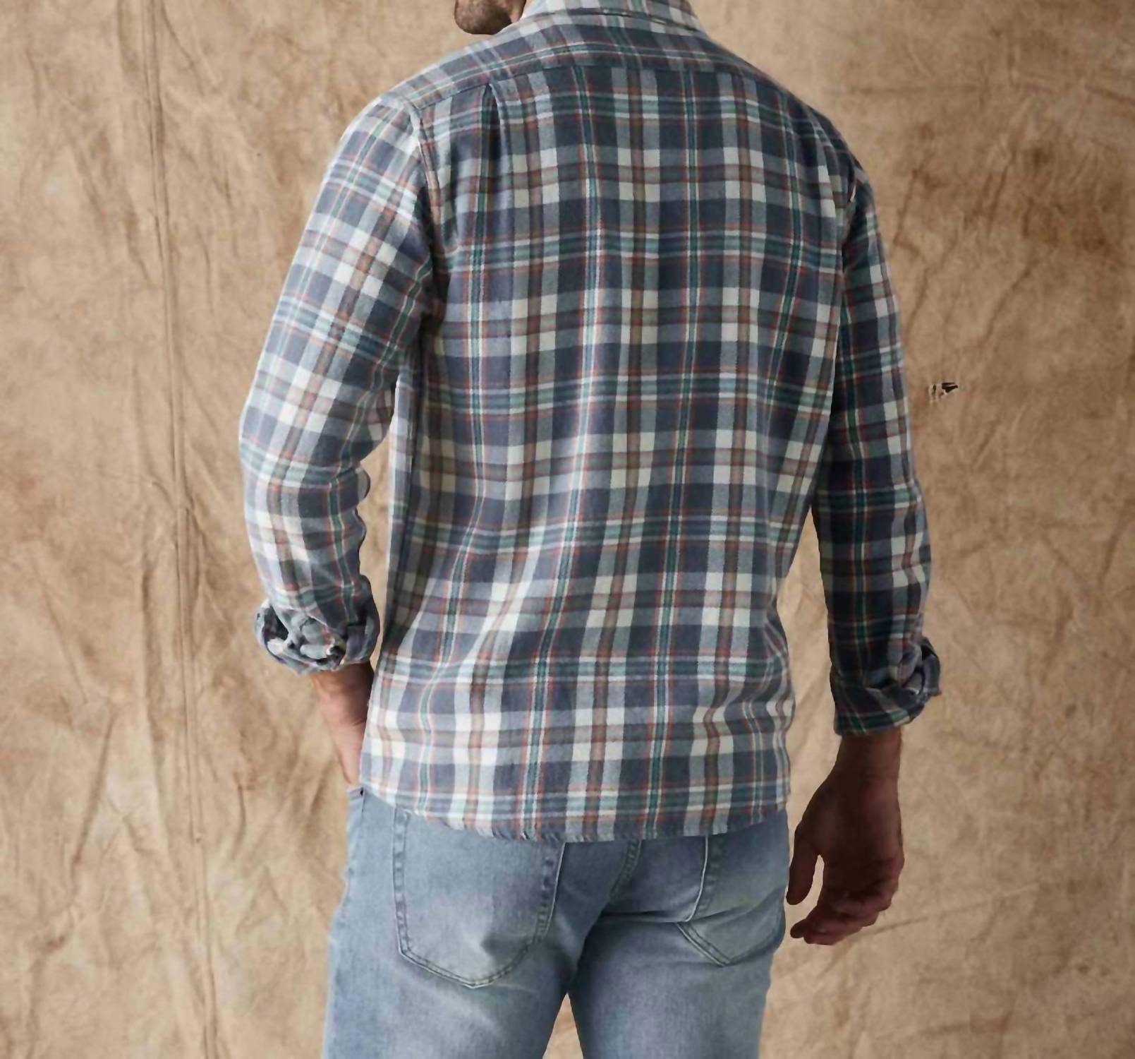 The Normal Brand Mountain Knit Overshirt in mineral blue - men's shirt - detail view
