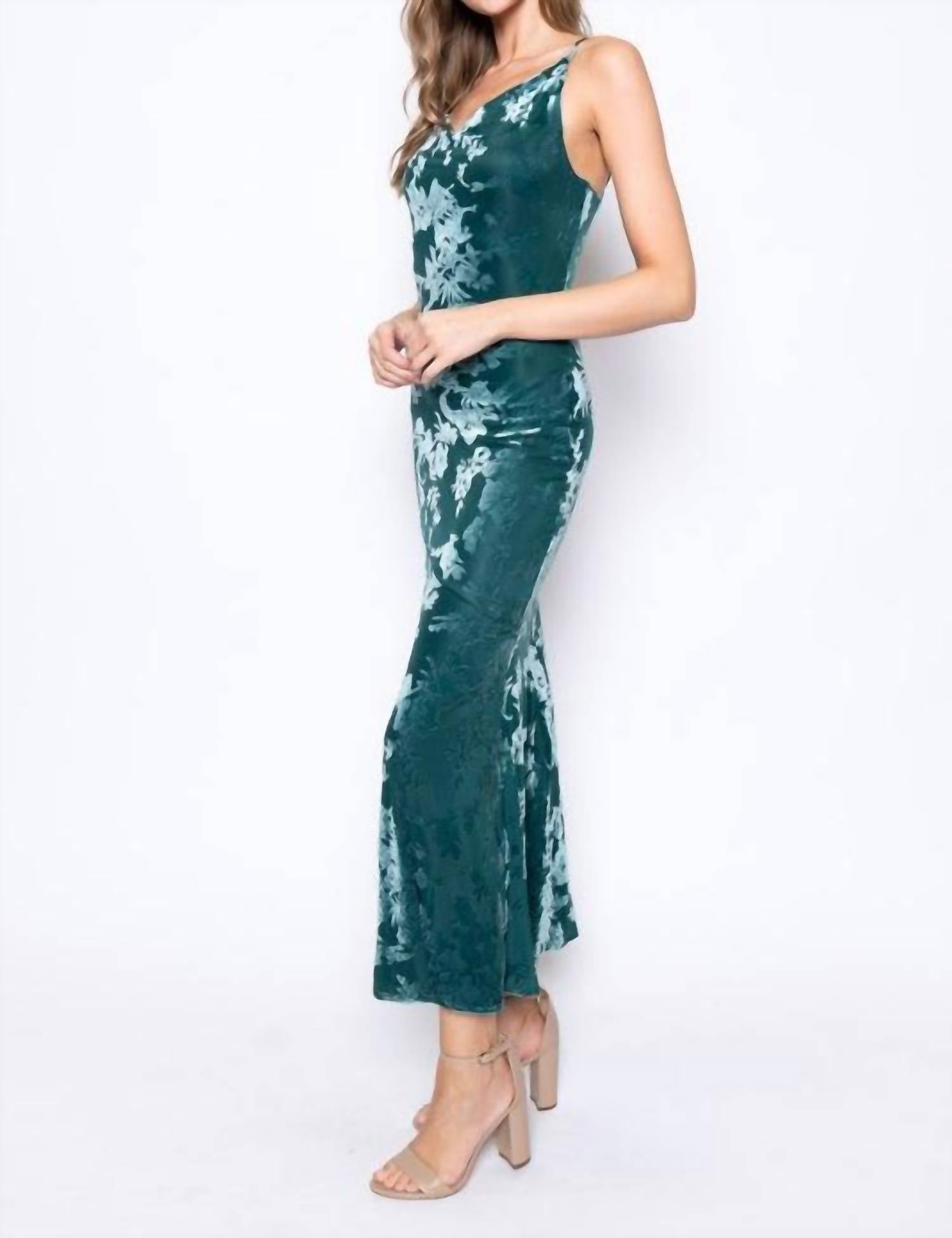 Fore Collection Autumn Burn Out Velvet Maxi Bias Cut Mesh Cowl Neck Dress in teal - women's dress - view 4