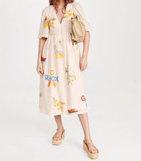 Rosa Clothing Fashion Print V Neck Cute Loose Dress in apricot - women's dress