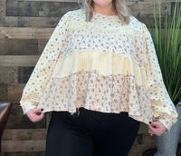 Pol - Ditsy Floral Tiered Ruffle Pearl Accent Top