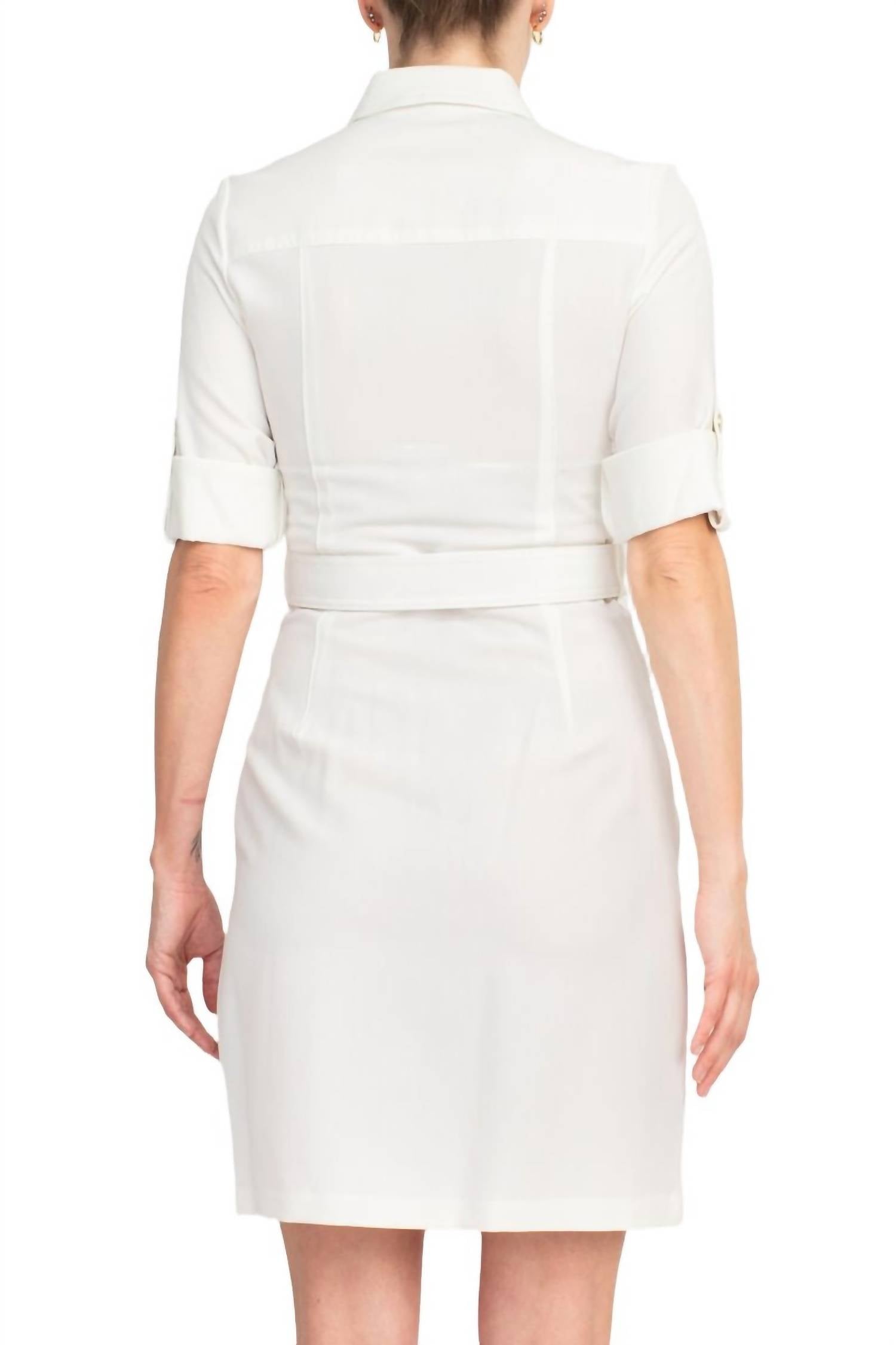Sharagano - Collared Short Sleeve Zipper Front Belted Dress