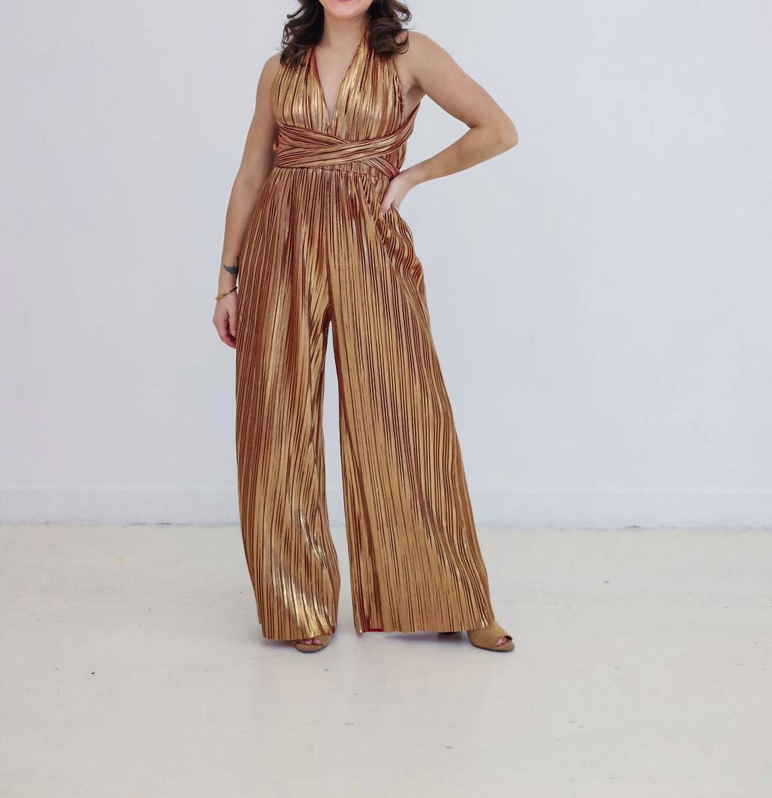 ENDLESS BLU. Goddess Jumpsuit in gold - women's pants