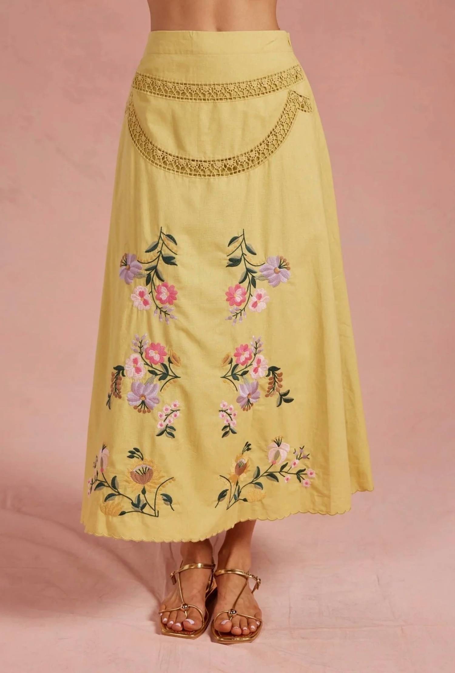 Strut & Bolt - Embroidered Floral Lace Detail Midi Skirt