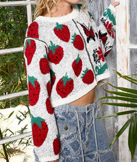 POL Long Sleeve Round Neck Split Sweater Top in cream multi - women's sweater - alternate view