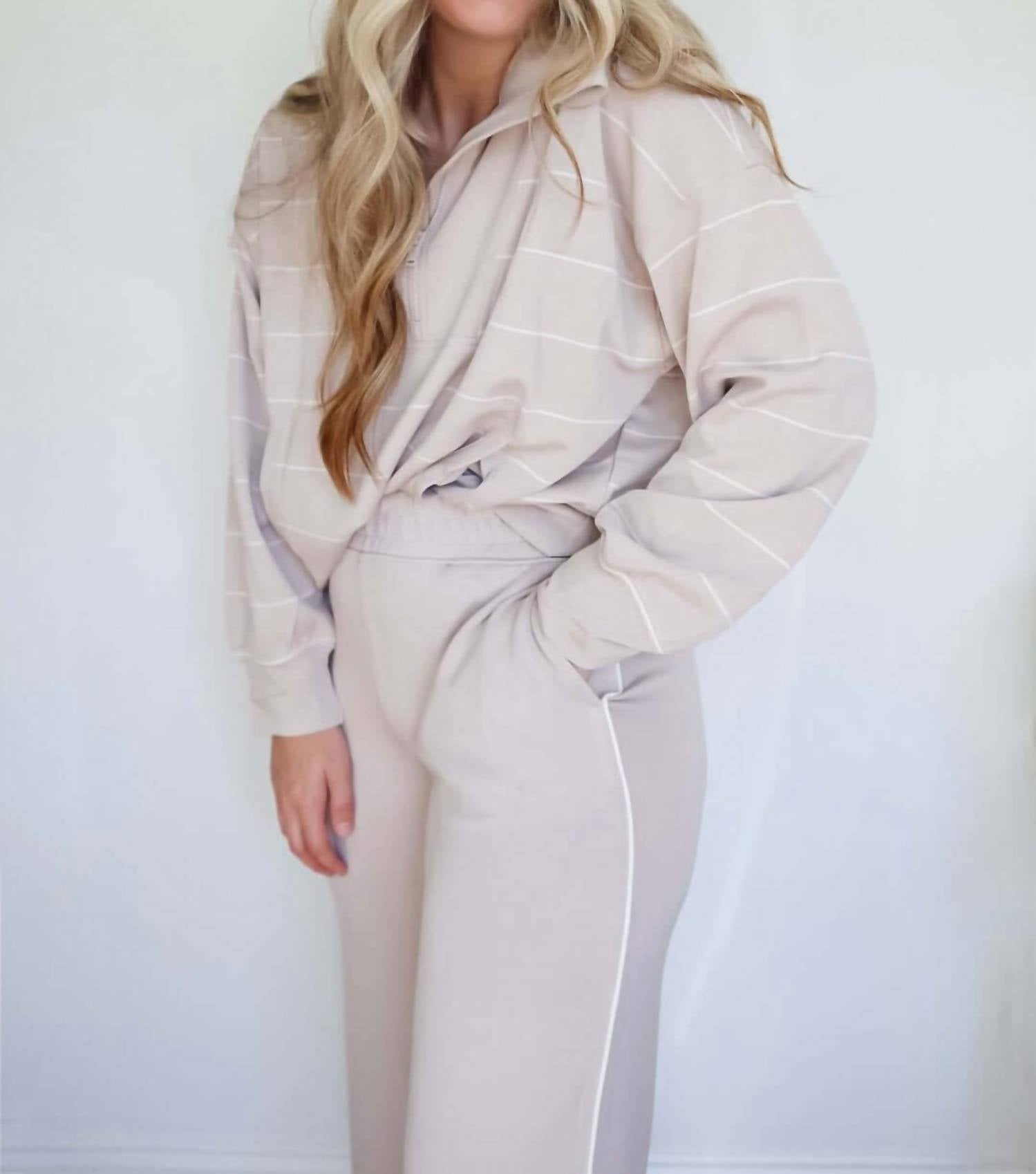 Rae Mode - Victoria Stripe Quarter Zip Top & Piping Straight Leg Pant Set