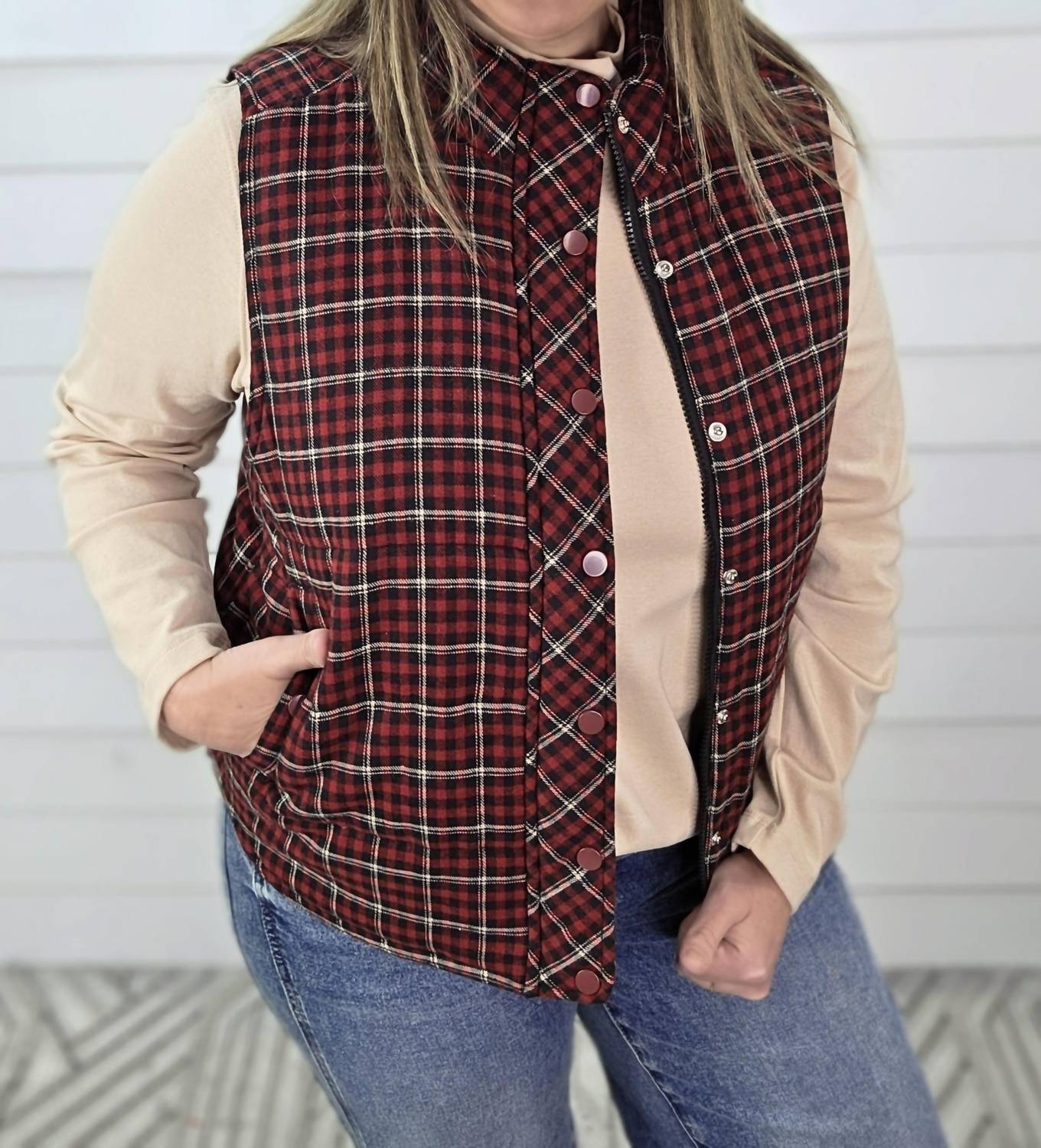 Staccato - Check Plaid Zip Up Snap Puff Vest