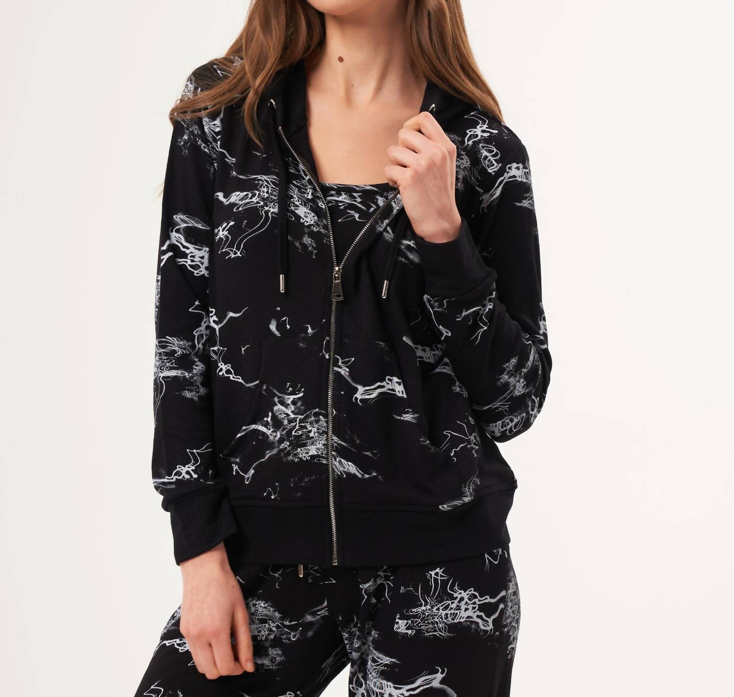 french kyss Abstract Print Zip Up Hoodie in black white - women's top - detail view