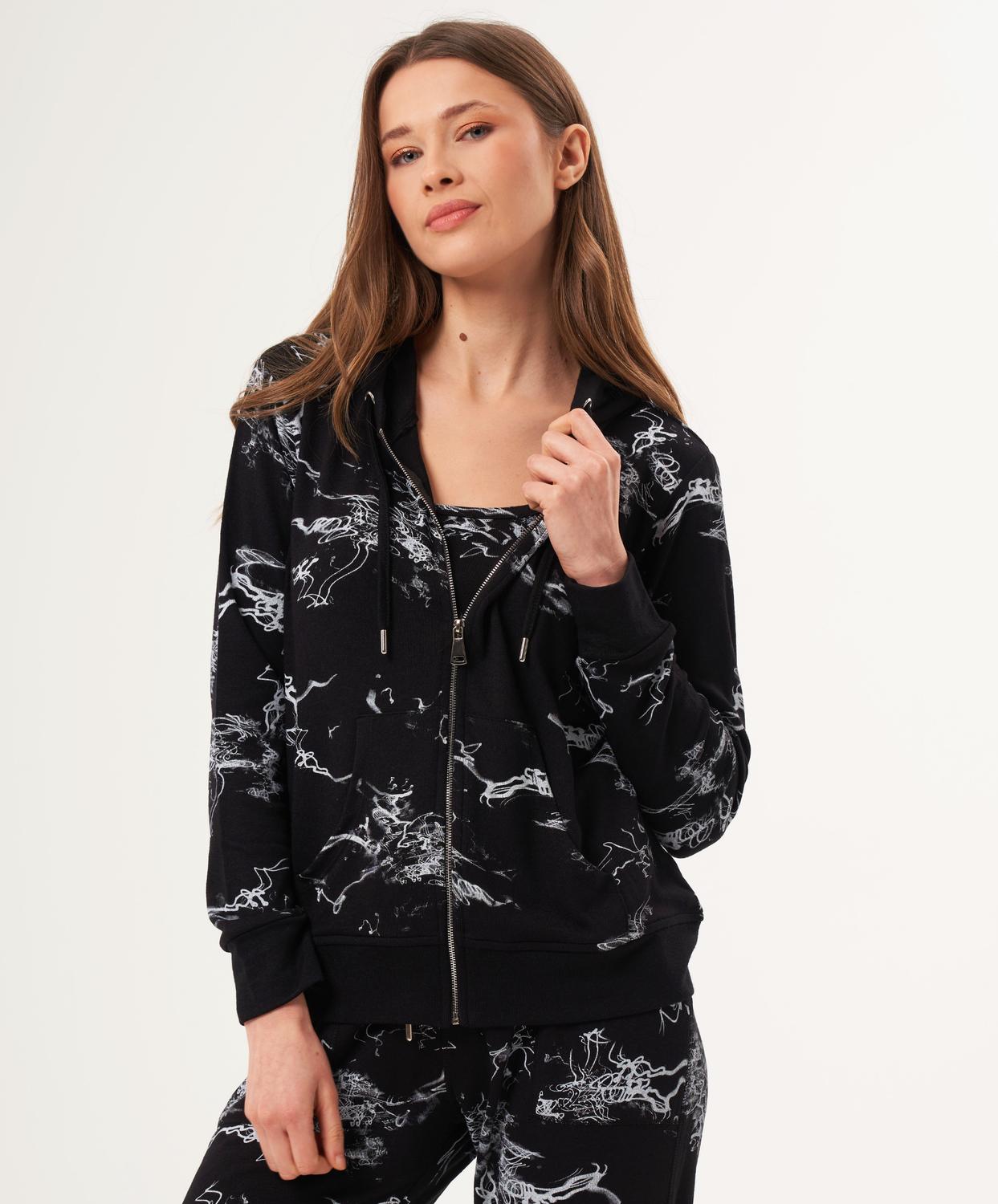french kyss Abstract Print Zip Up Hoodie in black white - women's top - alternate view