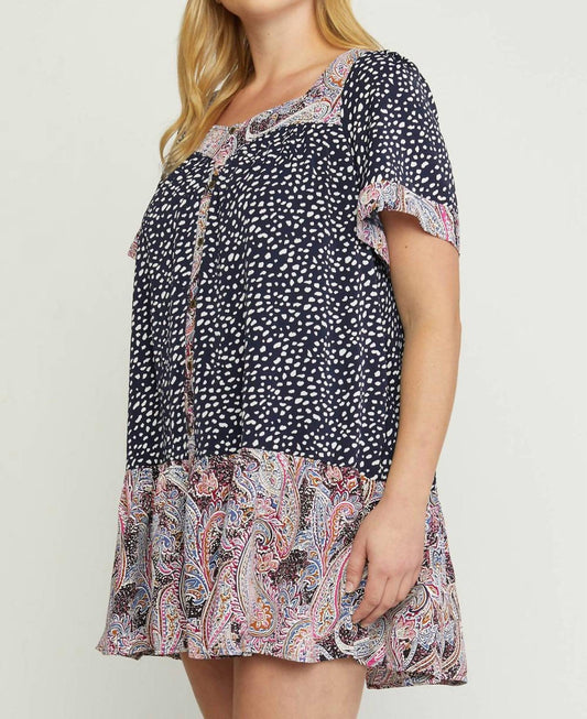 Entro - Mixed Print Square Neck Dress - Plus