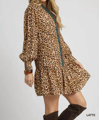 Umgee - Women's Leopard Print Long Sleeve Mini Dress