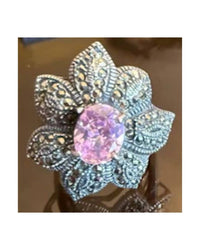 P & K Jewelry Women's Sterling Marcasite Flower Ring in pink silver - women's jewelry - detail view