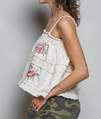 Pol - Floral Embroidered Raw Edge Top