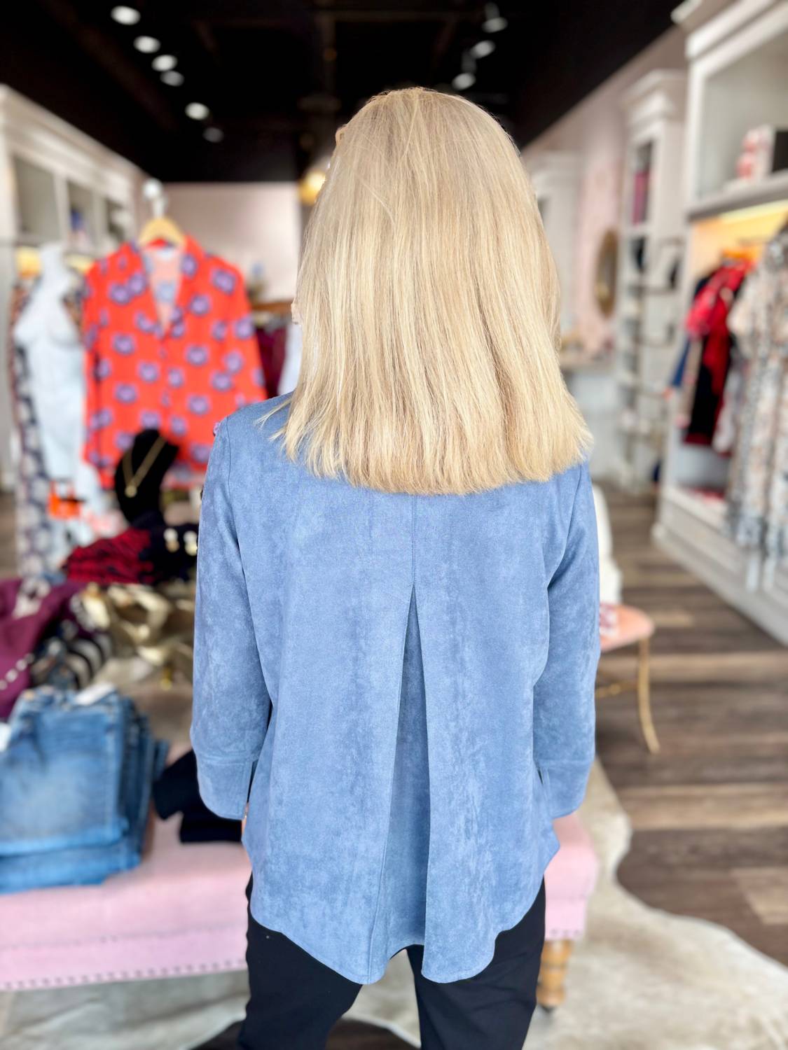 Boho Chic Suede V-neck Blouse in blue - women's blouse - detail view