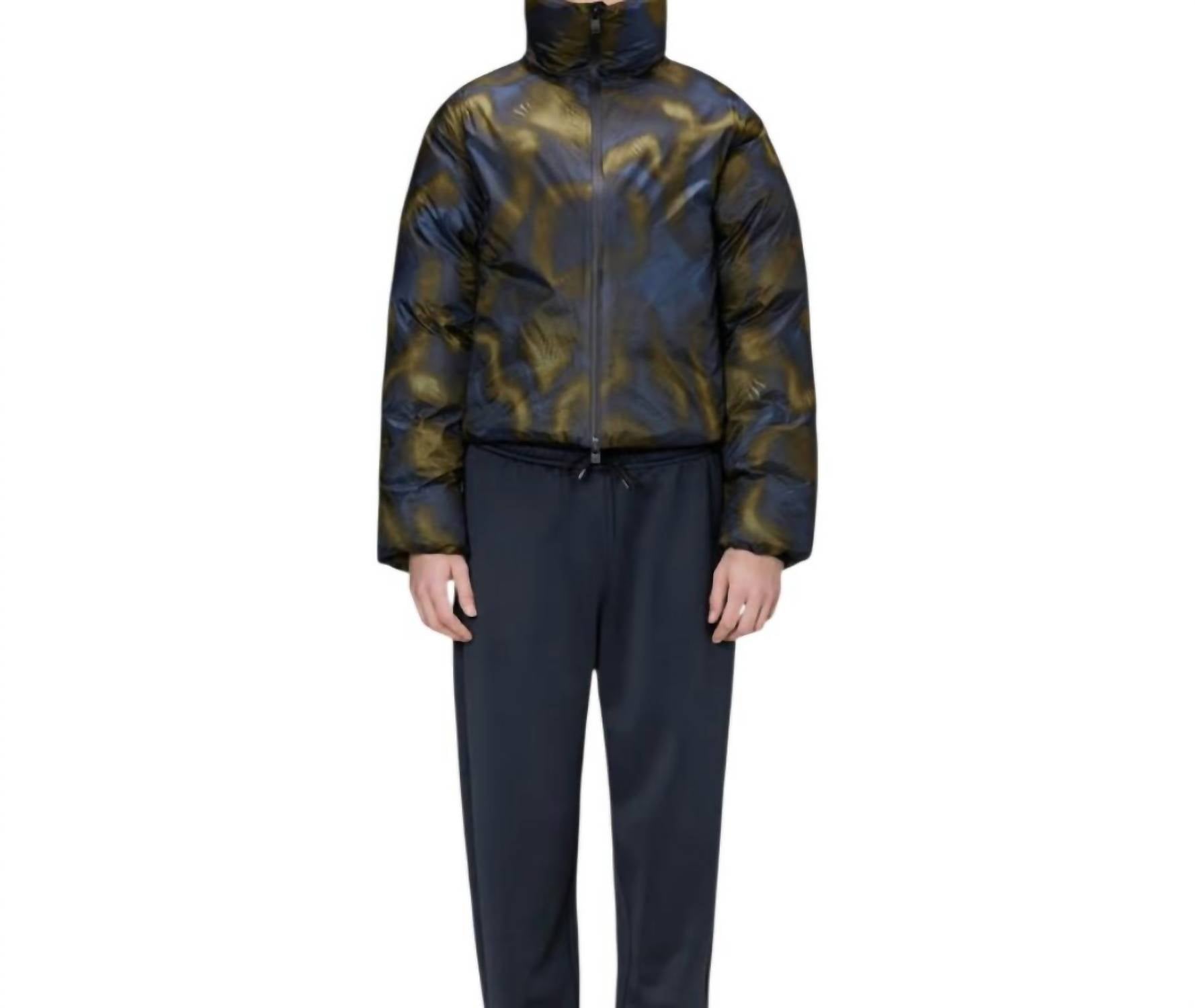 Rains Unisex Kevo Short Puffer Jacket in blue green - men's jacket - detail view