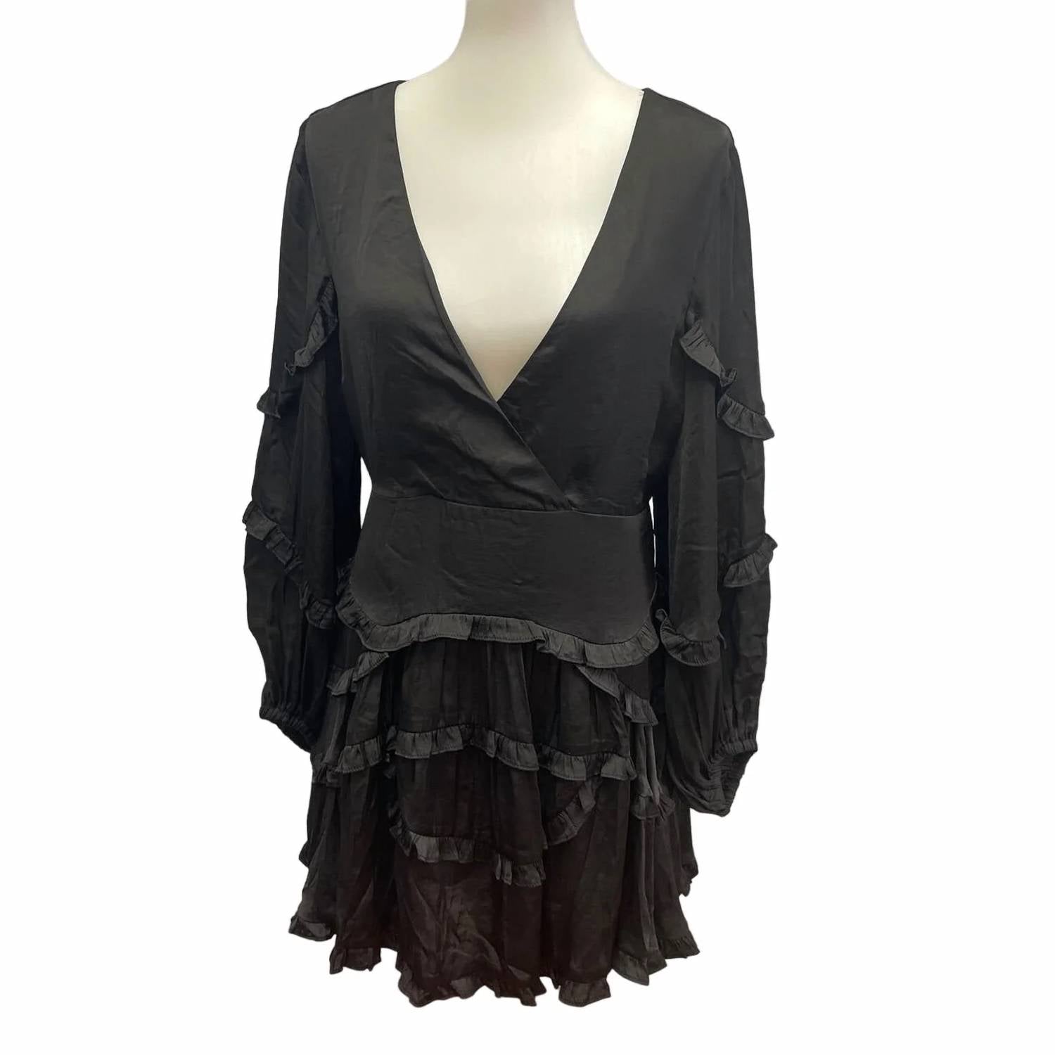 Db Studio - Women's Long Sleeve Deep V Ruffled Goth Mini Formal Dress